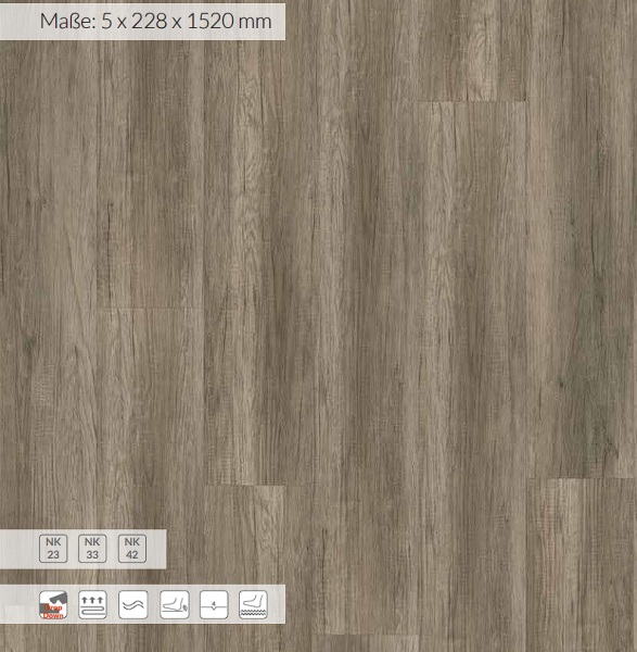 Klick-Vinylboden Eiche Quarzgrau 0,5 mm Nutzschicht 1520 x 228 x 5mm