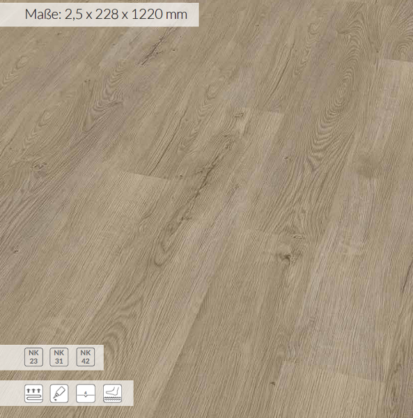 Klebe-Vinylboden Eiche Kaschmirgrau 0,5 mm Nutzschicht 2,5 x228 x1220 mm
